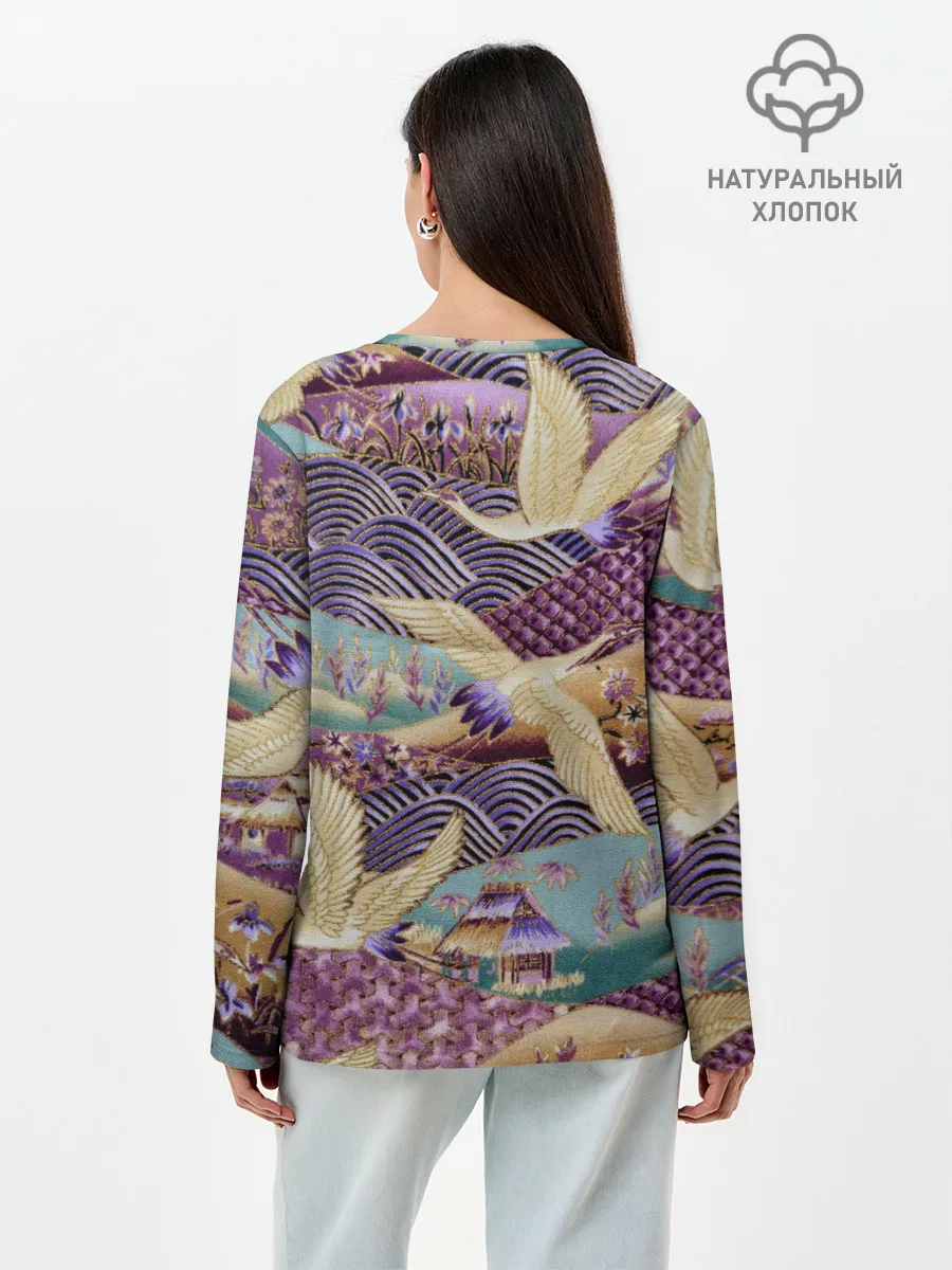 Лонгслив женский. Хлопок / Японская вышивка с журавлями