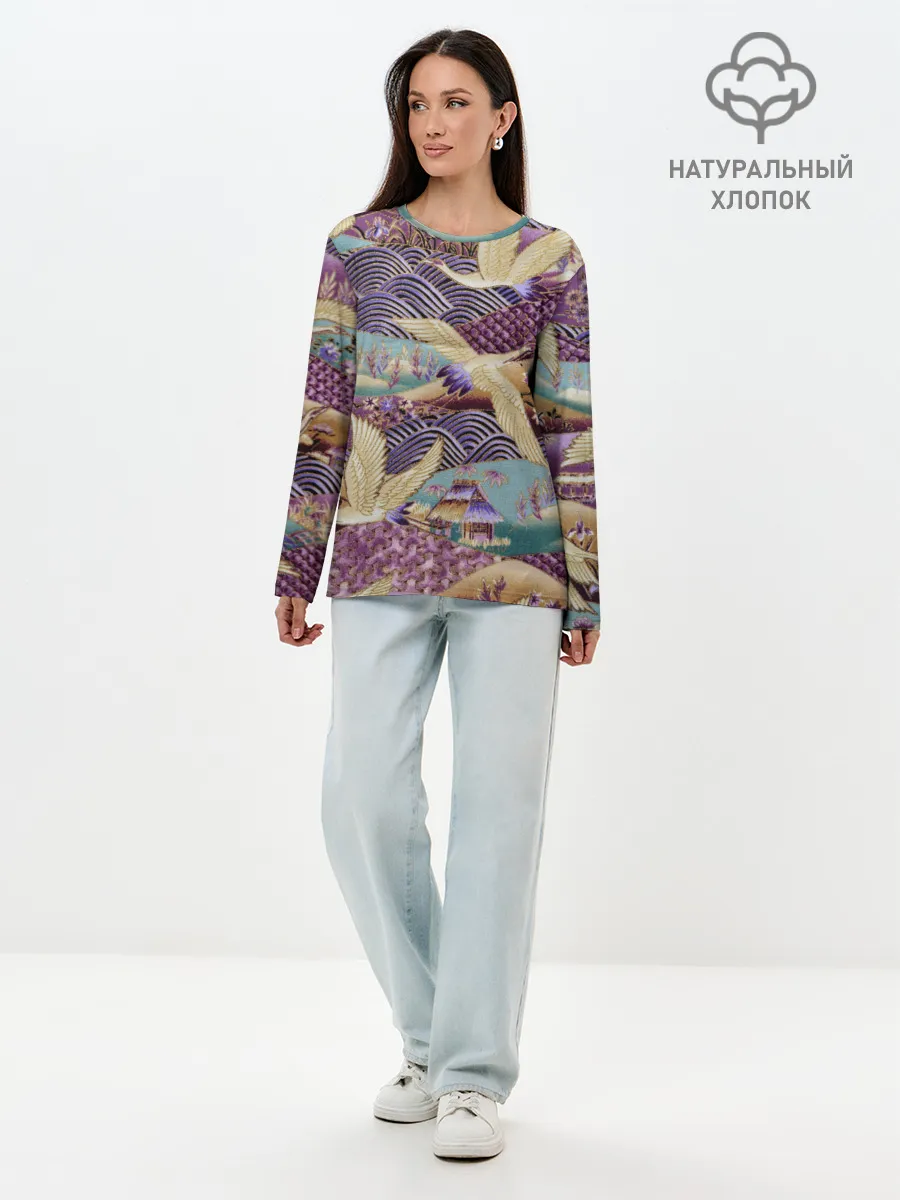 Лонгслив женский. Хлопок / Японская вышивка с журавлями