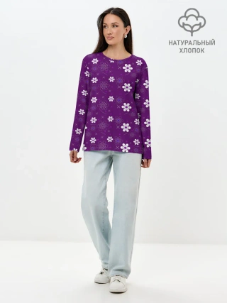 Лонгслив женский. Хлопок / узор цветы на фиолетовом фоне