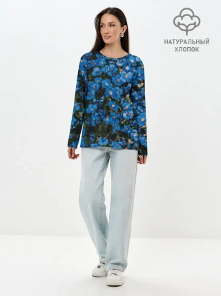 Лонгслив женский. Хлопок / Поле синих цветов фиалки лето