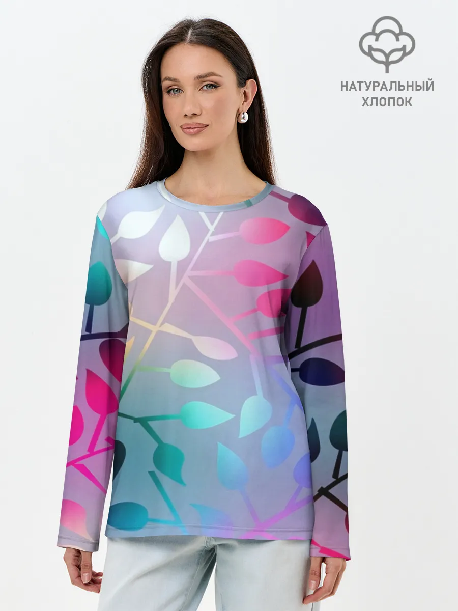 Лонгслив женский. Хлопок / Листья.
