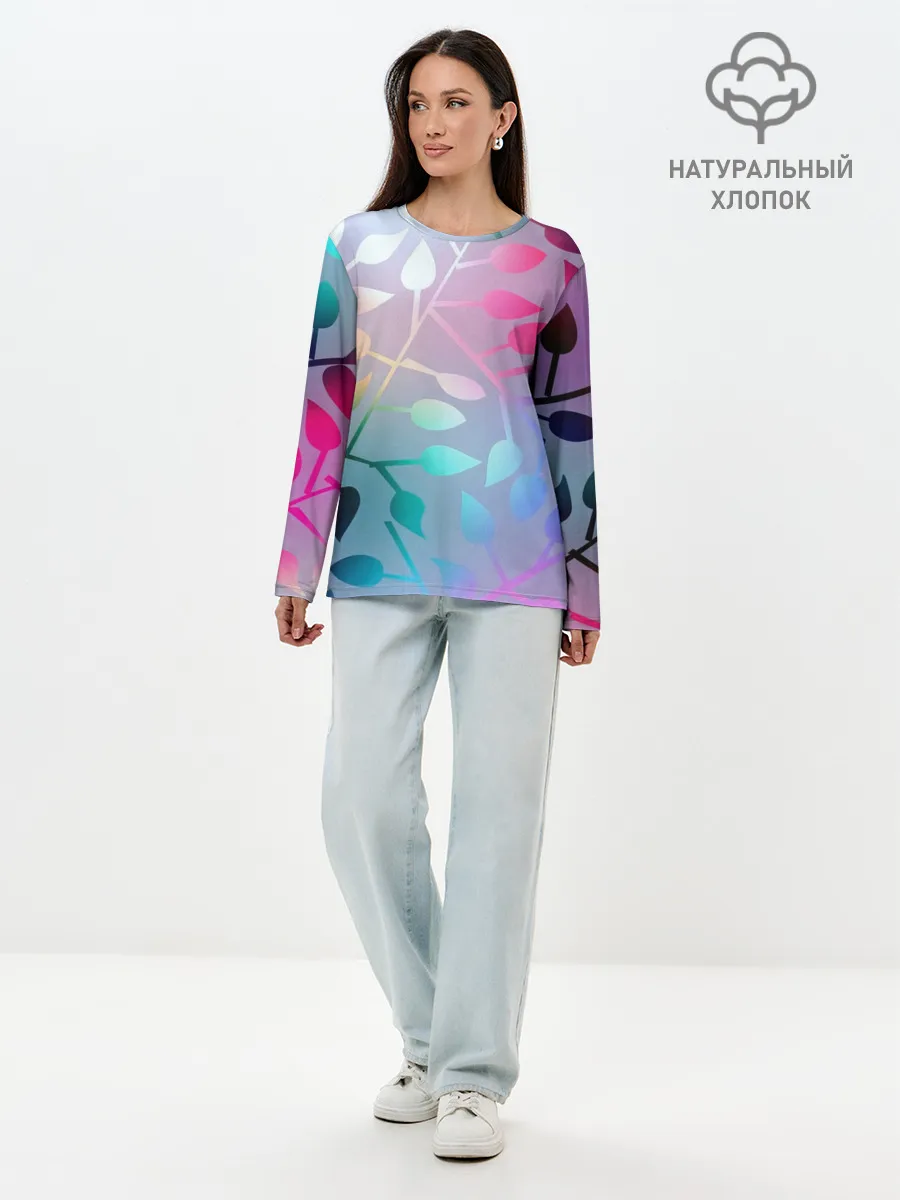 Лонгслив женский. Хлопок / Листья.