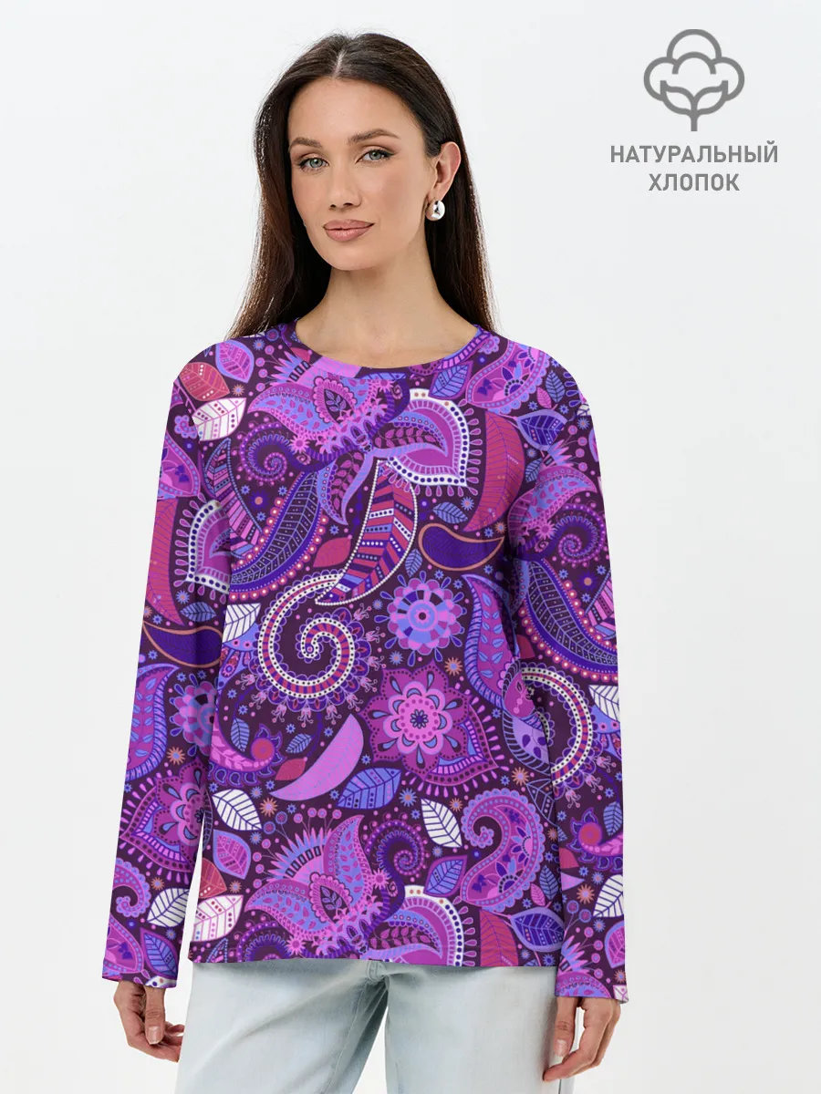 Лонгслив женский. Хлопок / фиолетовый этнический дудлинг