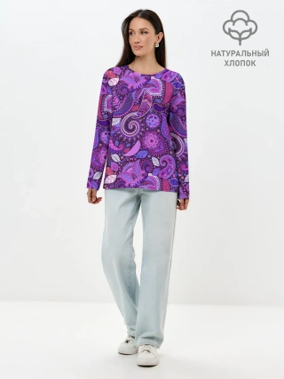 Лонгслив женский. Хлопок / фиолетовый этнический дудлинг
