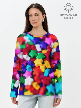 Лонгслив женский. Хлопок / Разноцветные звездочки звезды