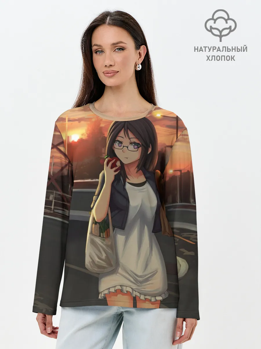 Лонгслив женский. Хлопок / Девочка с продуктами