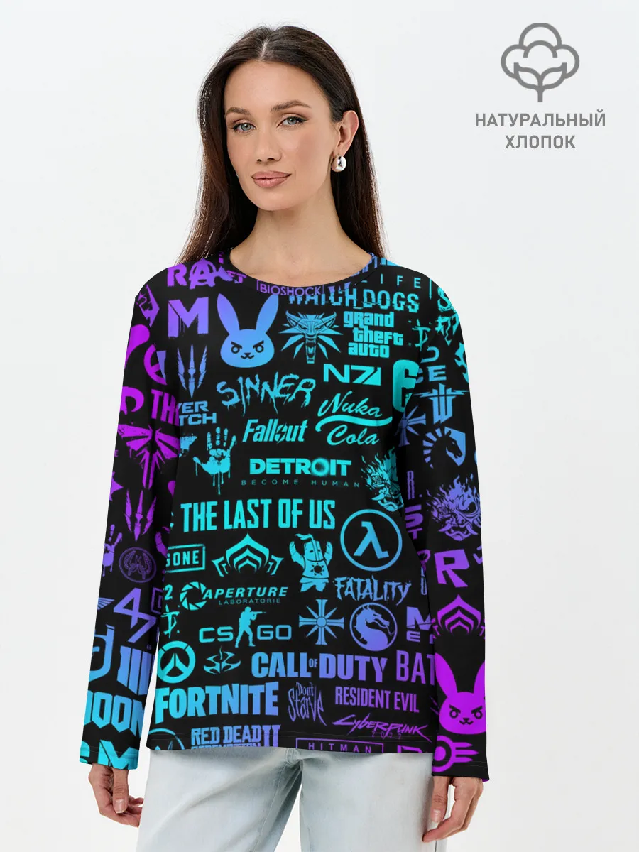 Лонгслив женский. Хлопок / ЛОГОТИПЫ ИГР НЕОН / NEON GAMES LOGO