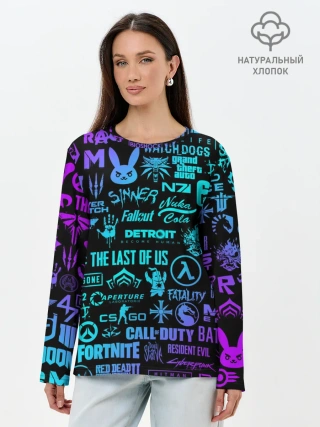 Лонгслив женский. Хлопок / ЛОГОТИПЫ ИГР НЕОН / NEON GAMES LOGO