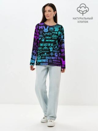 Лонгслив женский. Хлопок / ЛОГОТИПЫ ИГР НЕОН / NEON GAMES LOGO