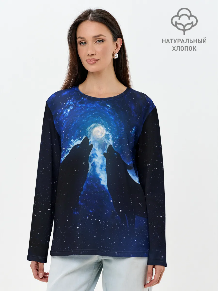 Лонгслив женский. Хлопок / Волки силуэты звездное небо