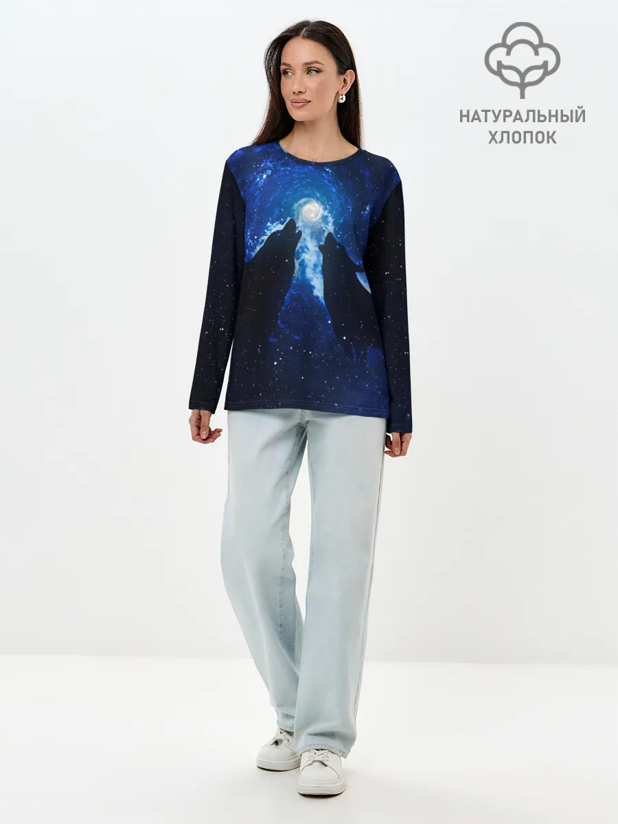 Лонгслив женский. Хлопок / Волки силуэты звездное небо