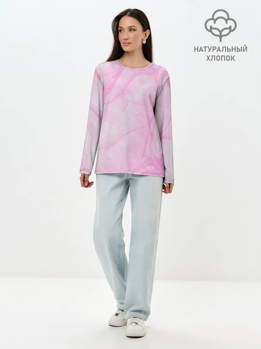 Лонгслив женский. Хлопок / розовые разводы краска зефир