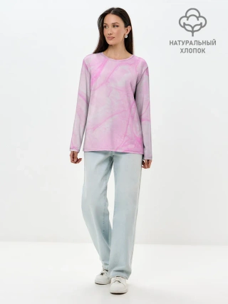 Лонгслив женский. Хлопок / розовые разводы краска зефир