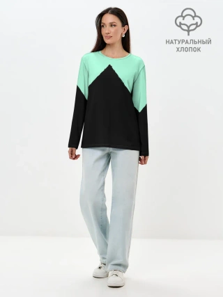 Лонгслив женский. Хлопок / неровные зубья черный мятный