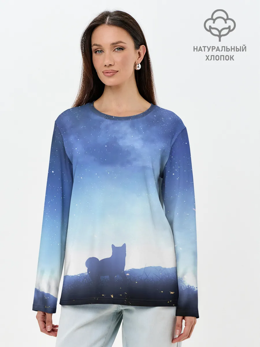 Лонгслив женский. Хлопок / силуэт корги ночь космос дымка