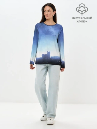 Лонгслив женский. Хлопок / силуэт корги ночь космос дымка