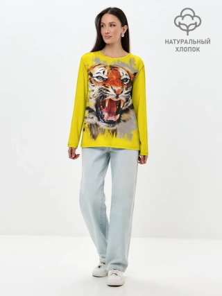 Лонгслив женский. Хлопок / Оскал тигра