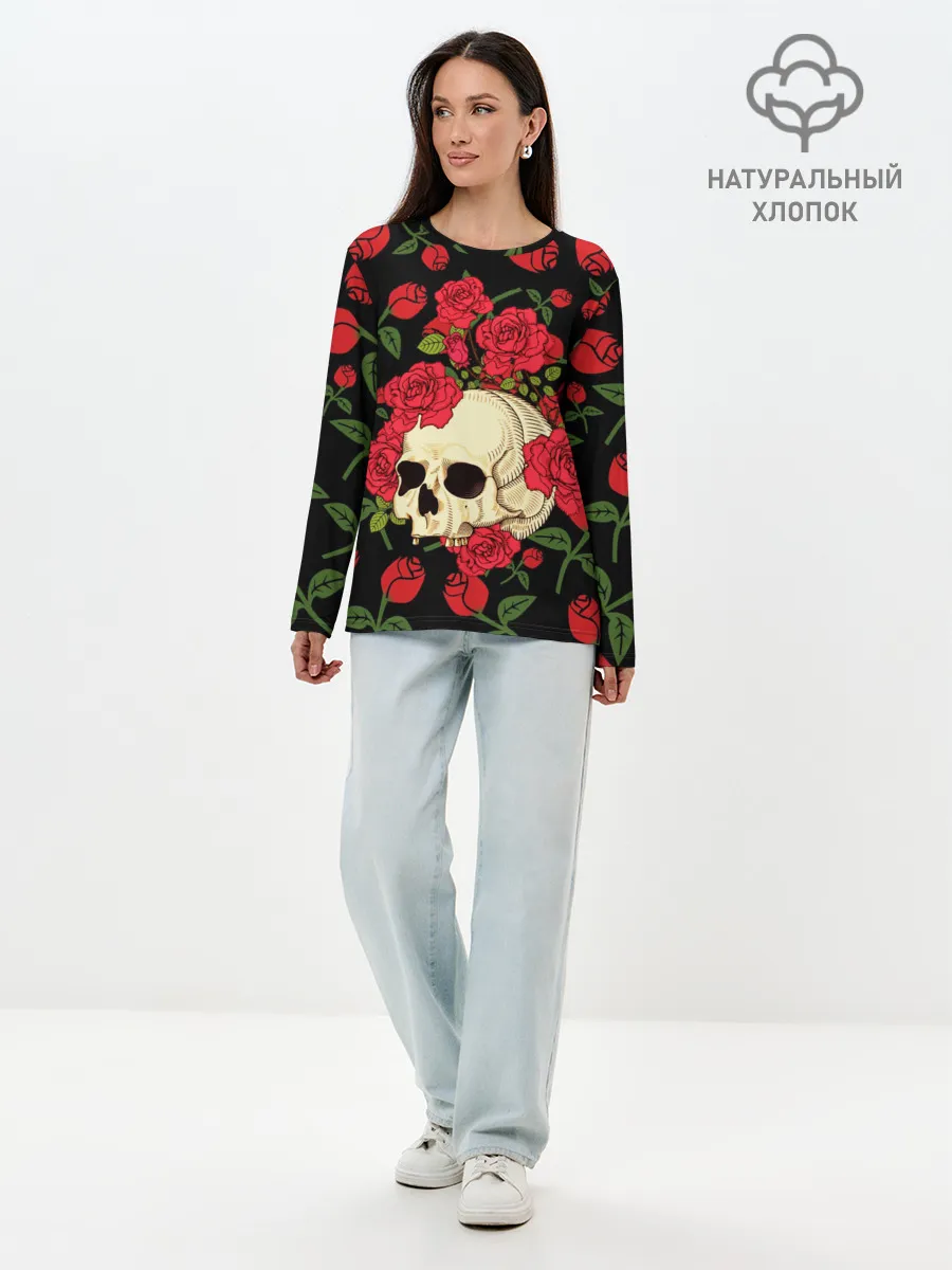 Лонгслив женский. Хлопок / Skull | Roses
