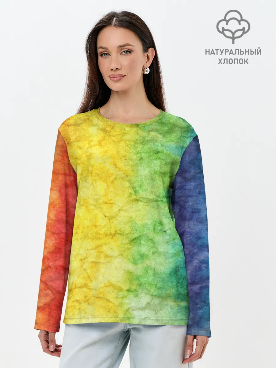 Лонгслив женский. Хлопок / разноцветный акварель градиент