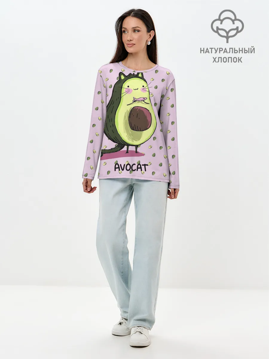 Лонгслив женский. Хлопок / Авокадо Кот