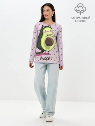 Лонгслив женский. Хлопок / Авокадо Кот