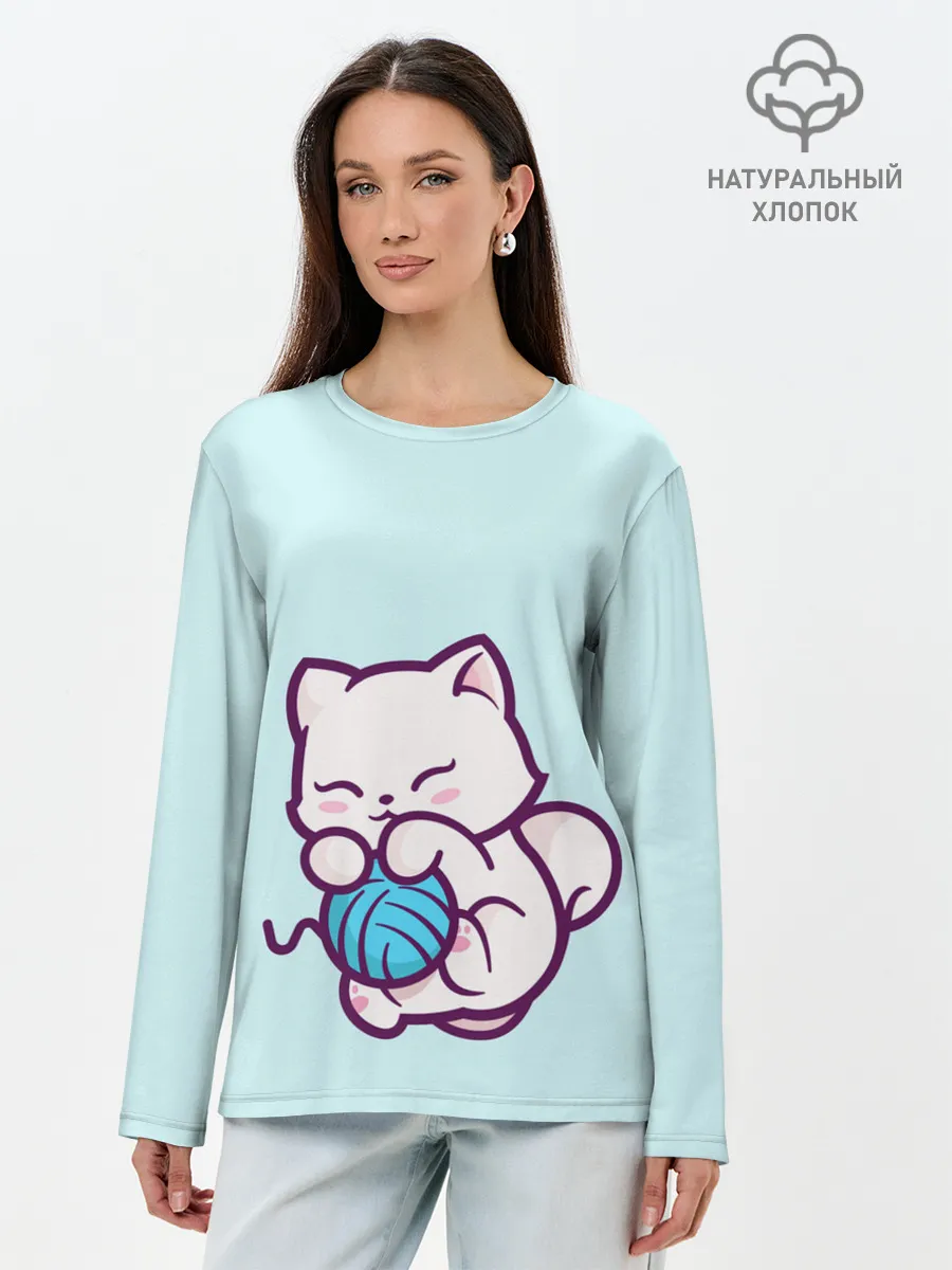 Лонгслив женский. Хлопок / Белый котенок с клубком милый