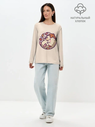 Лонгслив женский. Хлопок / Ёжик листья милый рисунок