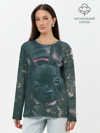 Лонгслив женский. Хлопок / Бульдог морда собакена черного