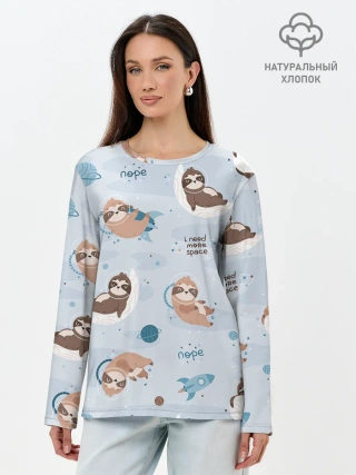 Лонгслив женский. Хлопок / Паттерн ленивец космос полет
