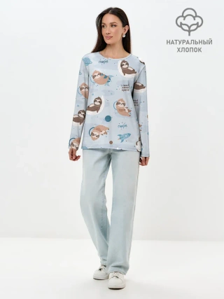 Лонгслив женский. Хлопок / Паттерн ленивец космос полет