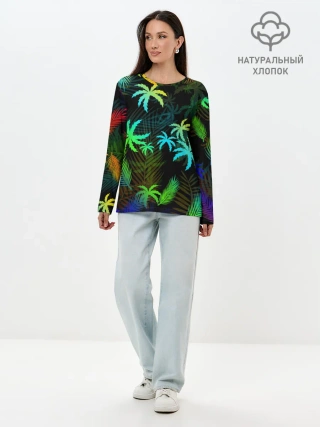 Лонгслив женский. Хлопок / ПАЛЬМЫ / ТРОПИКИ