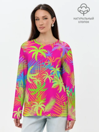 Лонгслив женский. Хлопок / ПАЛЬМЫ / ТРОПИКИ