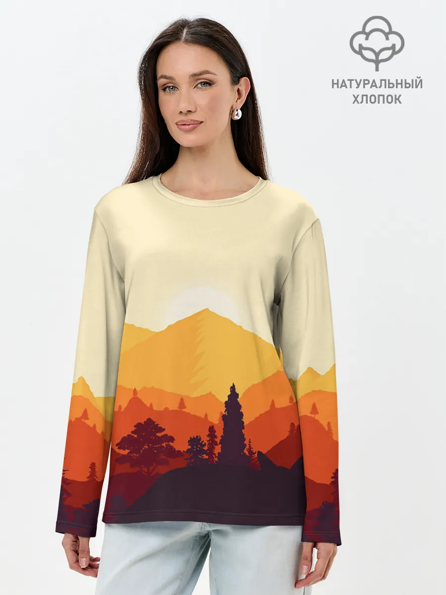Лонгслив женский. Хлопок / Горы закат пейзаж лиса арт