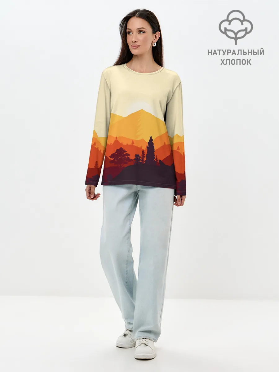 Лонгслив женский. Хлопок / Горы закат пейзаж лиса арт