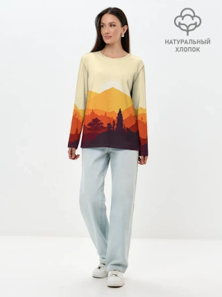 Лонгслив женский. Хлопок / Горы закат пейзаж лиса арт