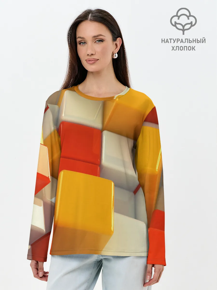 Лонгслив женский. Хлопок / КУБЫ 3D