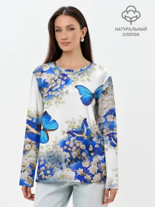 Лонгслив женский. Хлопок / Butterfly | Blue White