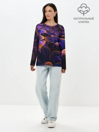 Лонгслив женский. Хлопок / Цветки во тьме