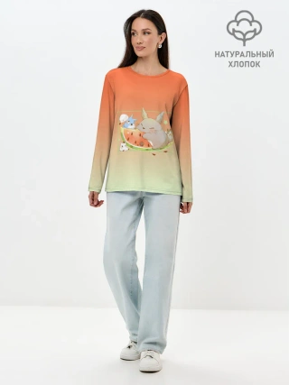 Лонгслив женский. Хлопок / Семейство Тоторо ест арбуз