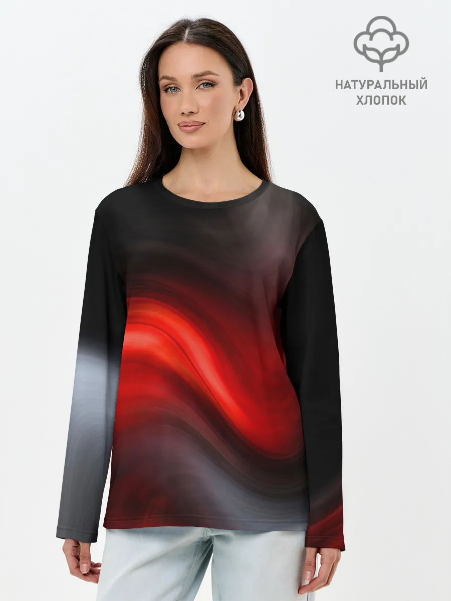 Лонгслив женский. Хлопок / BLACK RED WAVES | АБСТРАКЦИЯ