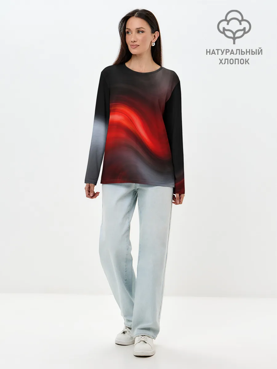 Лонгслив женский. Хлопок / BLACK RED WAVES | АБСТРАКЦИЯ