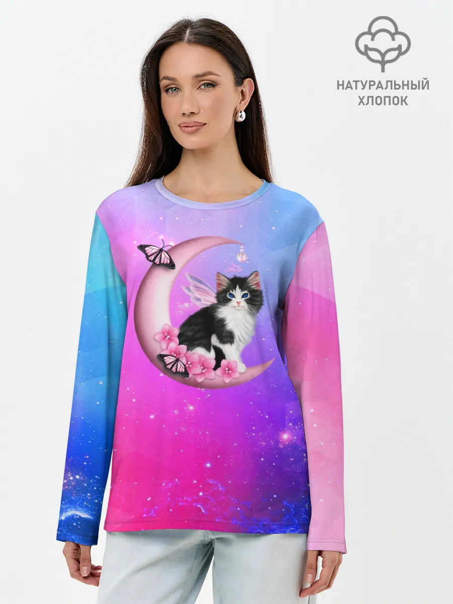 Лонгслив женский. Хлопок / Котик На Луне