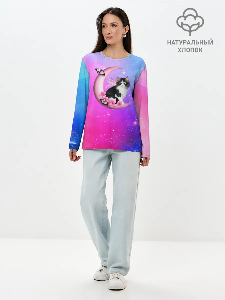 Лонгслив женский. Хлопок / Котик На Луне