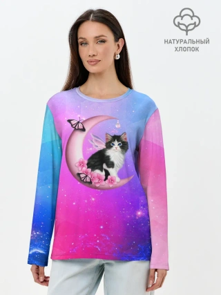 Лонгслив женский. Хлопок / Котик На Луне