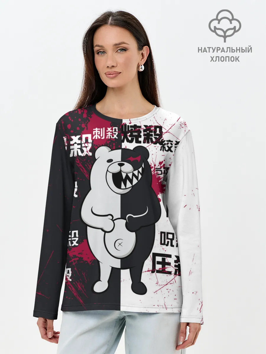 Лонгслив женский. Хлопок / monokuma с пупком и иероглифами