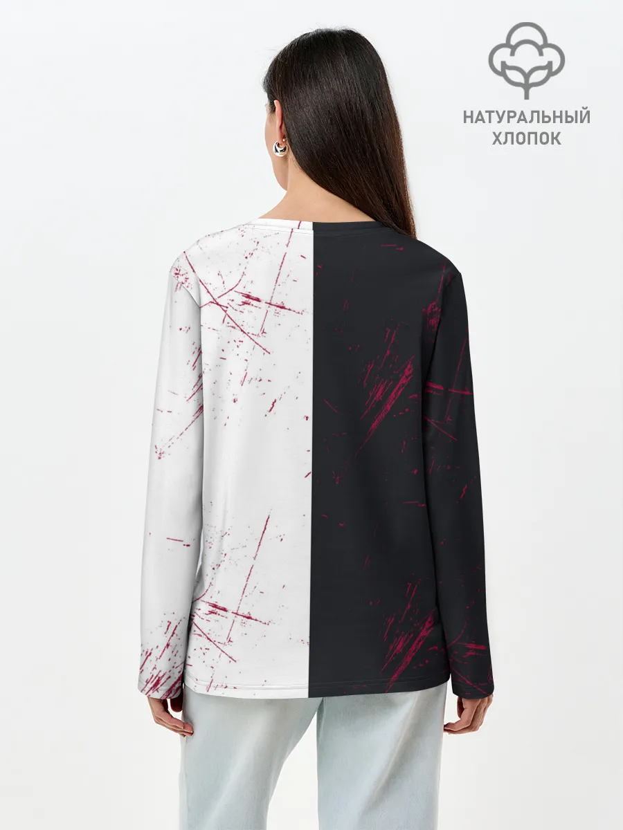 Лонгслив женский. Хлопок / monokuma с пупком и иероглифами