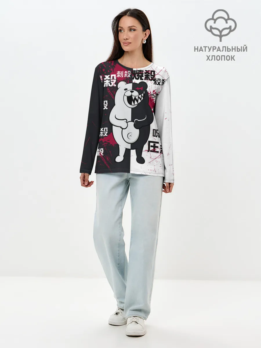 Лонгслив женский. Хлопок / monokuma с пупком и иероглифами