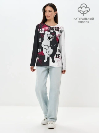 Лонгслив женский. Хлопок / monokuma с пупком и иероглифами