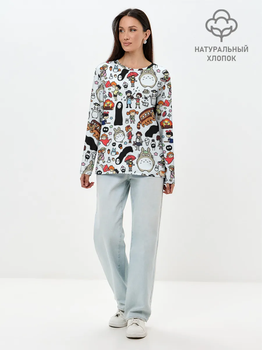 Лонгслив женский. Хлопок / Персонажи Миядзаки паттерн