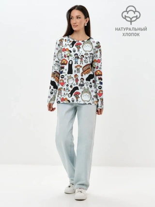 Лонгслив женский. Хлопок / Персонажи Миядзаки паттерн